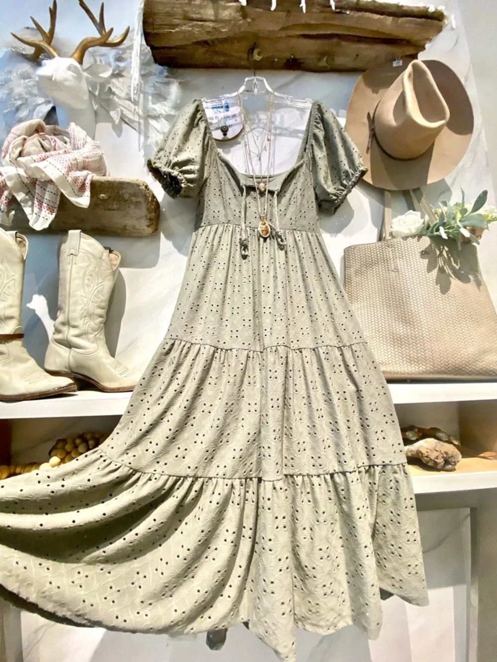 Sage green Farmhouse/prairie boho tiered dress shabby chic Country peasant vibe - Picture 10 of 12